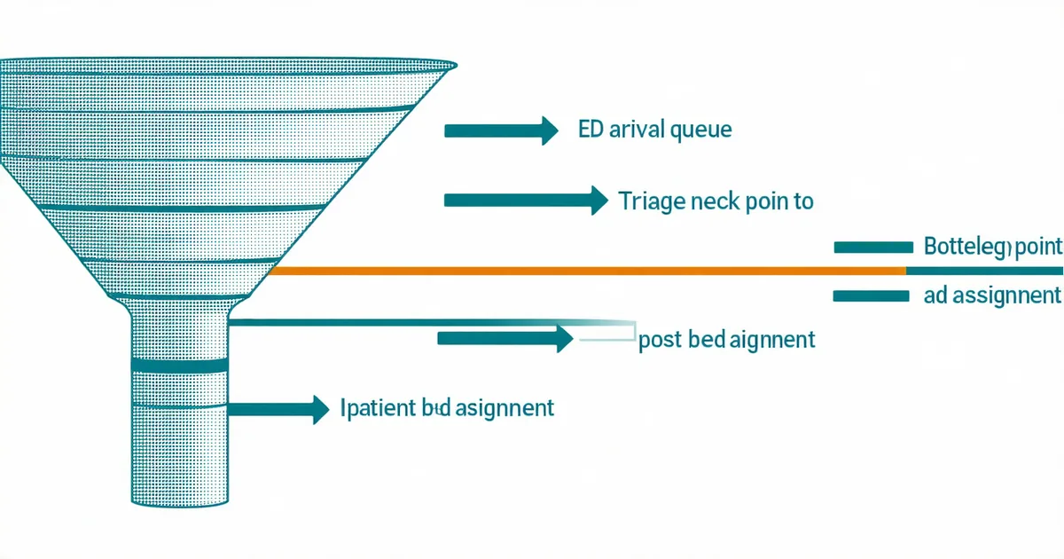 Abstract flow diagram illustrating ED patient boarding and downstream bed bottleneck