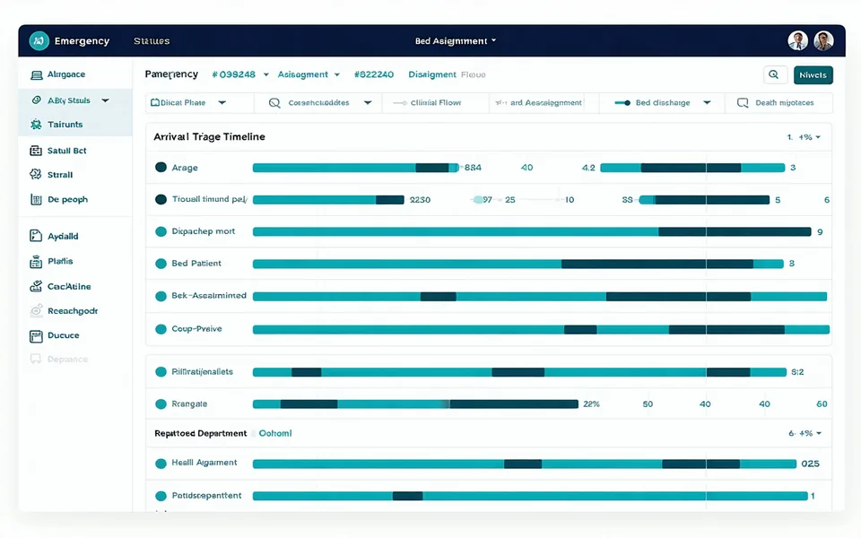 Mediflowly ED throughput dashboard showing patient flow timeline from arrival through discharge with status indicators