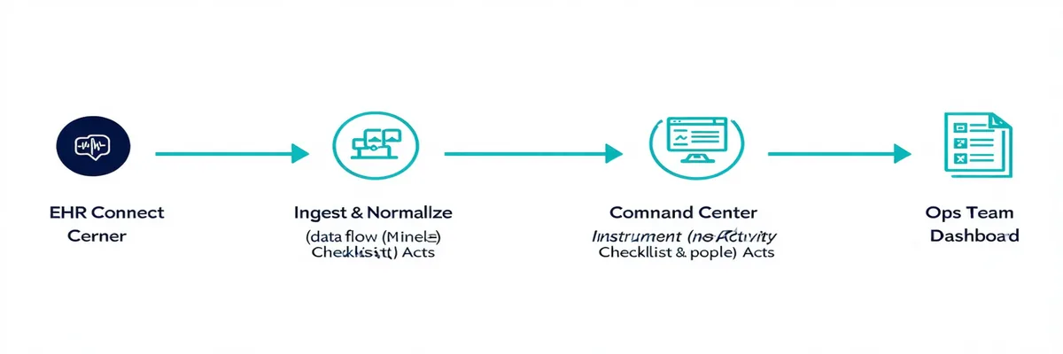 Four-step process diagram showing EHR connection to Mediflowly data pipeline: Connect, Ingest, Surface, Act