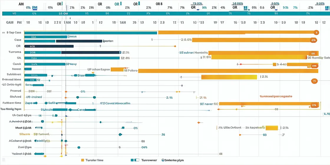 OR scheduling timeline showing block utilization, case durations, and room turnover gaps across surgical suites