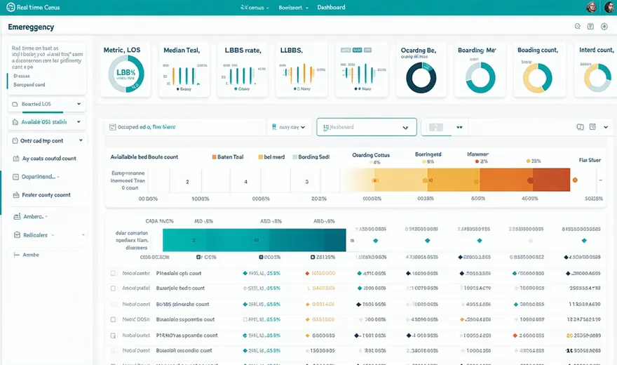 ED throughput module view showing real-time census, LOS metrics, and boarding alerts in a clinical dashboard