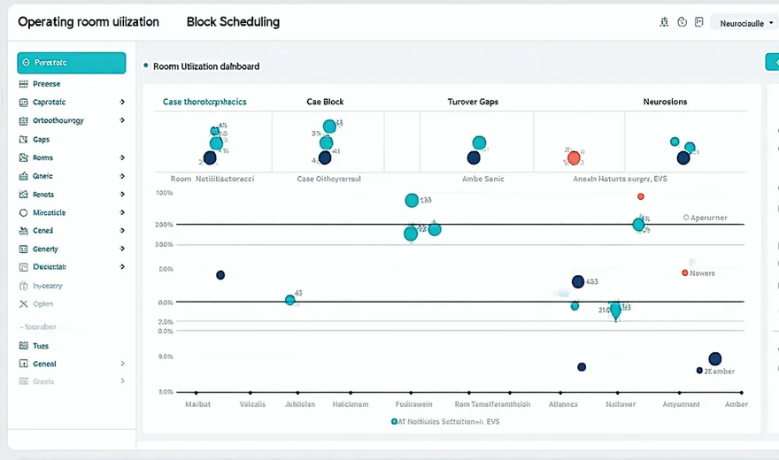 OR block scheduling module showing block utilization by subspecialty and room turnover timeline